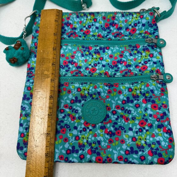 Kipling Alvar Crossbody Bag Aqua Blue Floral Furry Monkey Keychain Otto Purse - Picture 7 of 8